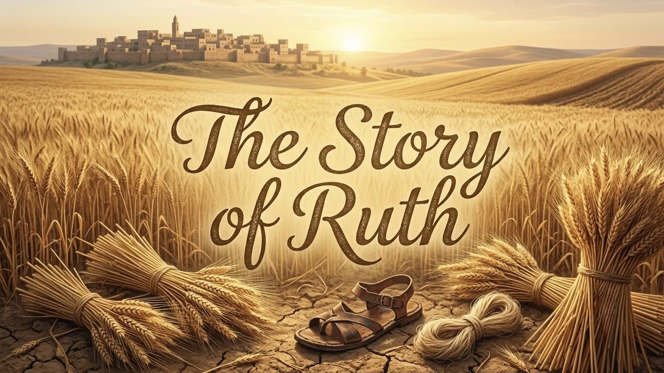 The Story of Ruth sermon series: a wheat field at sunset with sheaves of barley and a sandal, an ancient town on the hill behind