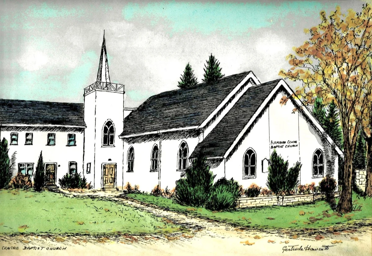 A pen and ink illustration of the original Flamboro Centre Baptist Church